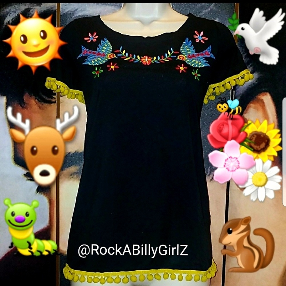 Too Fast Blue Sparrows Floral Day of Dead Embroidery Top w Yellow Poms Poms